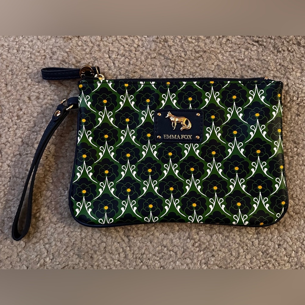 Emma Fox Logo Wristlet Clutch Bag Floral Navy Blue Green Zip w/ Pocket EUC!